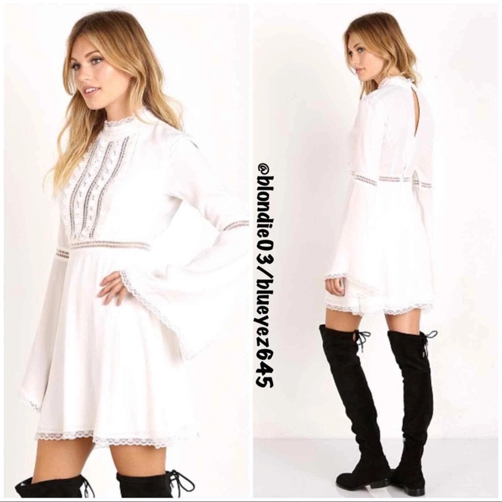 For Love & Lemons White Lace Bell Sleeve Mini Dress Boho Festival Cottagecore S - Picture 3 of 8